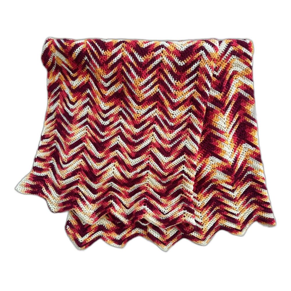 Vintage 70s Chevron Hand Knit Afghan Blanket Burgundy Orange Retro Zig Zag Throw